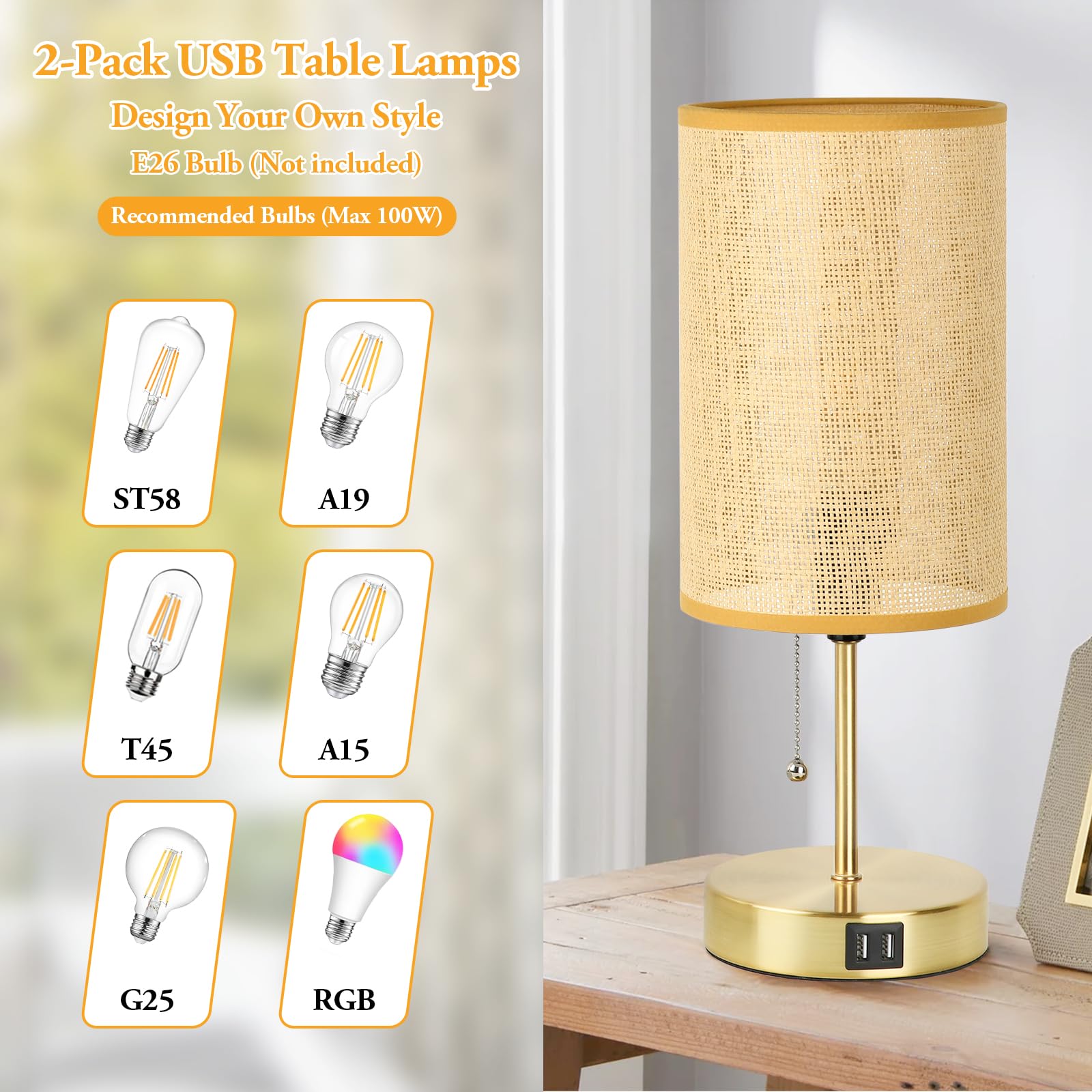Klassische Nachttischlampe mit 2 USB-Anschlüssen, Nachttischlampen mit Zugkette, Schreibtischlampen aus gewebtem Bambus mit Rattanschirm und goldenem Metallsockel für Schlafzimmer, 2 Stück