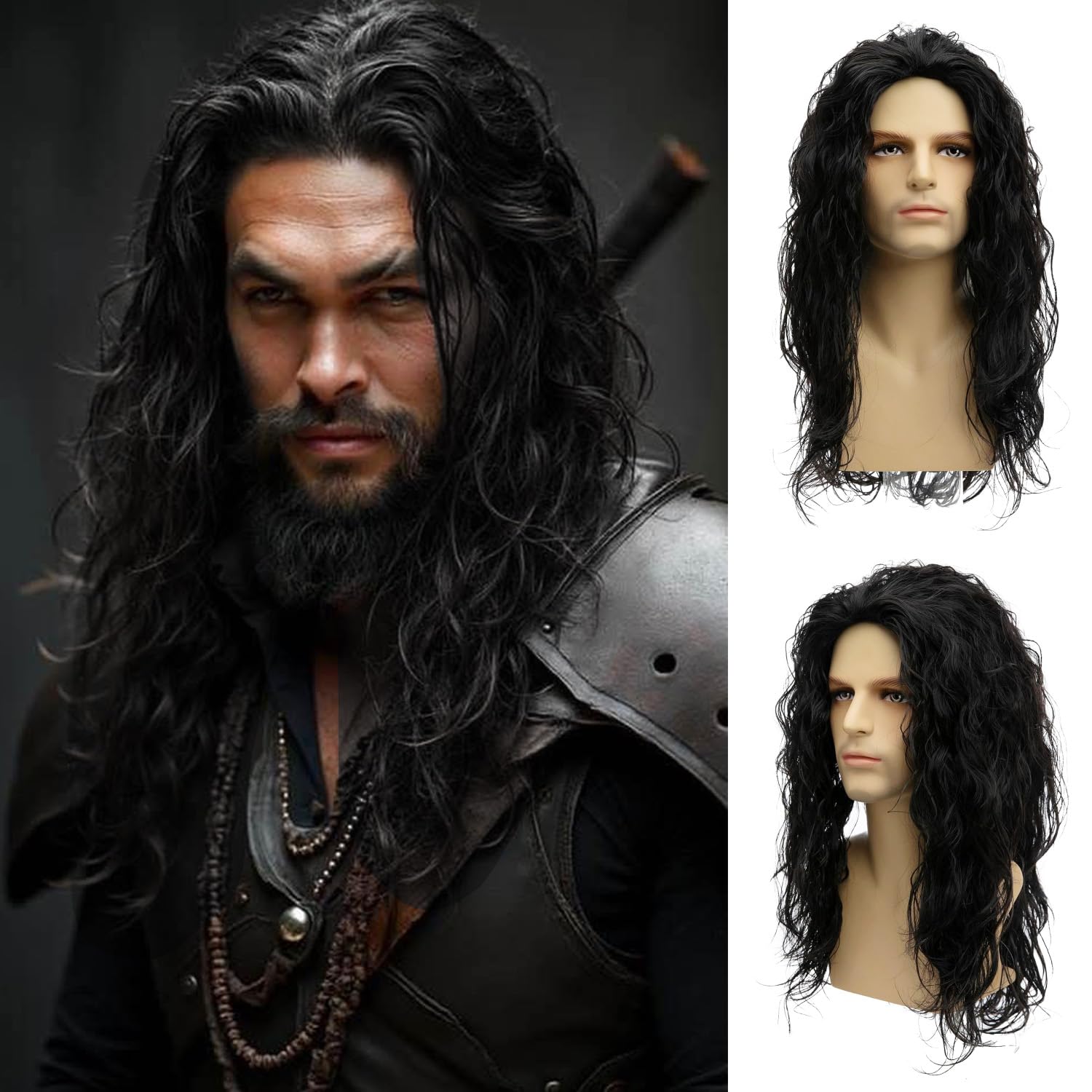 Sallcks Mens Long Curly Grey Wig Middle Part 2 Tones Synthetic Cosplay Costume Halloween Wig for Men
