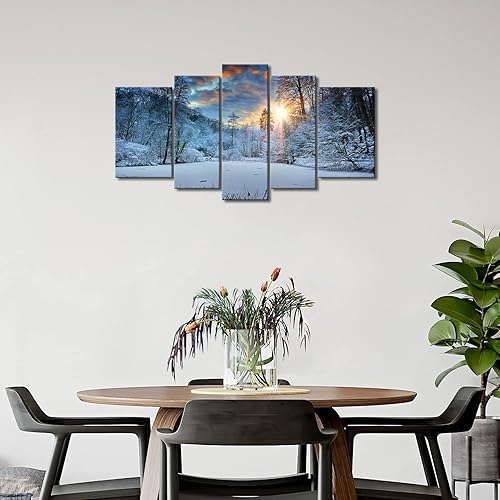 Miniatura 9 de Arte de pared de invierno, campo de nieve, lienzo moderno, pintura en lienzo de invierno, nieve, bosque, árbol, amanecer, puesta de sol, paisaje,