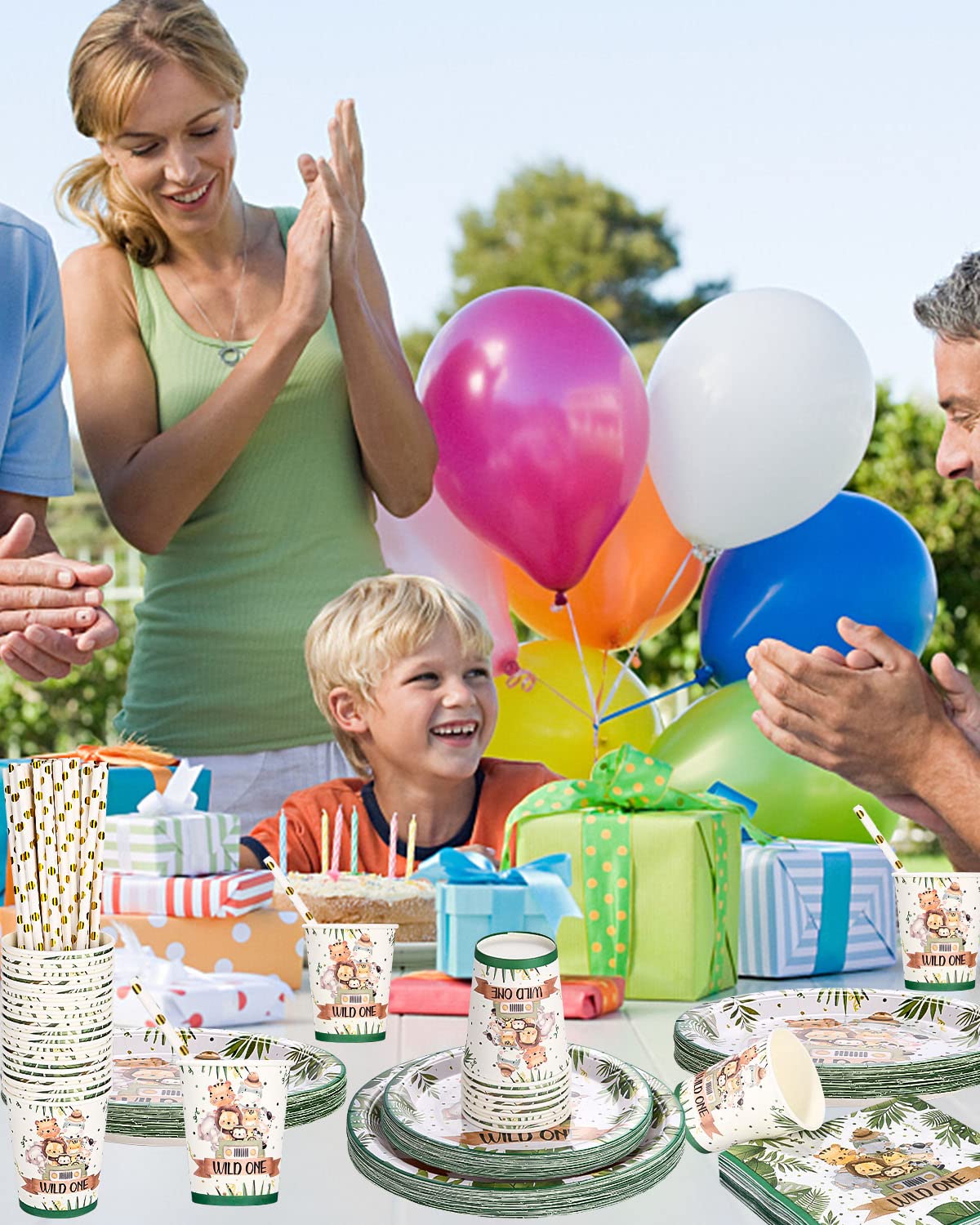 Safari dżungla baby shower dekoracje，30 gości chłopiec artykuły na przyjęcie urodzinowe，zielone zwierzęta tematyczne talerze serwetki kubki i słomki ，jednorazowa zastawa stołowa zestaw