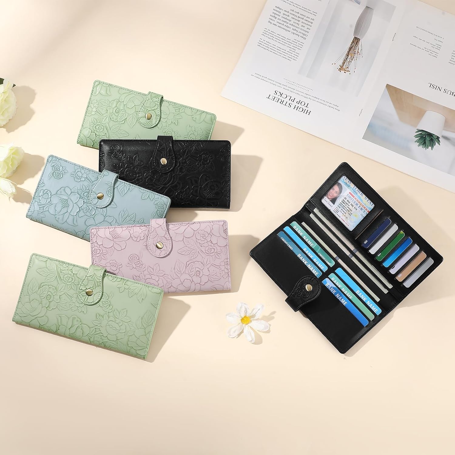 GAEKEAO Womens Wallet Slim Thin RFID Blocking Ladies Card Holder Floral Vegan Leather Long Bifold Clutch with Zipper Pocket - Image 2