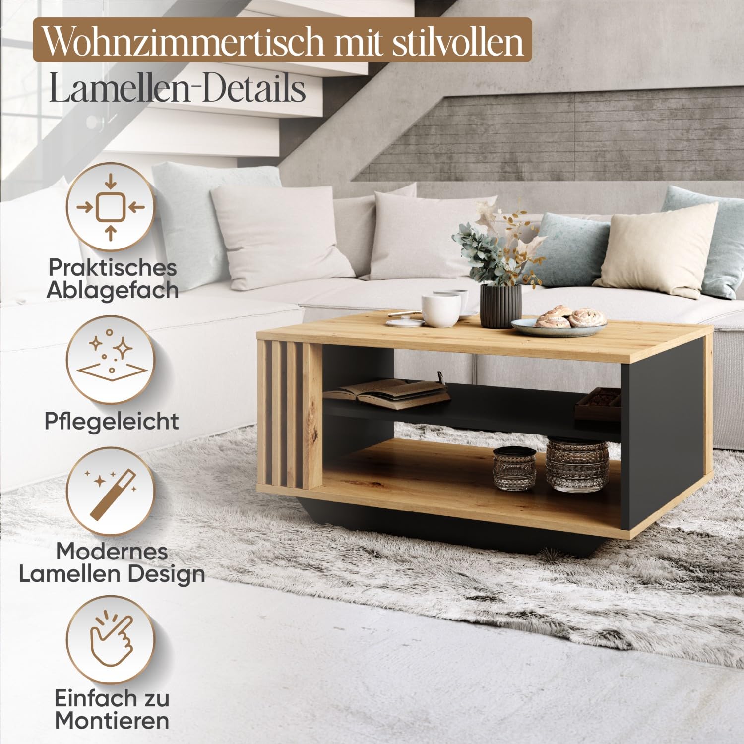 Viosimc Couchtisch, Wohnzimmertisch mit modernen Lamellen, moderner und stilvoller rechteckiger Kaffeetisch mit Ablage, stilvolle Ergänzung für jedes Wohnzimmer – Artisan Eiche & Anthrazit