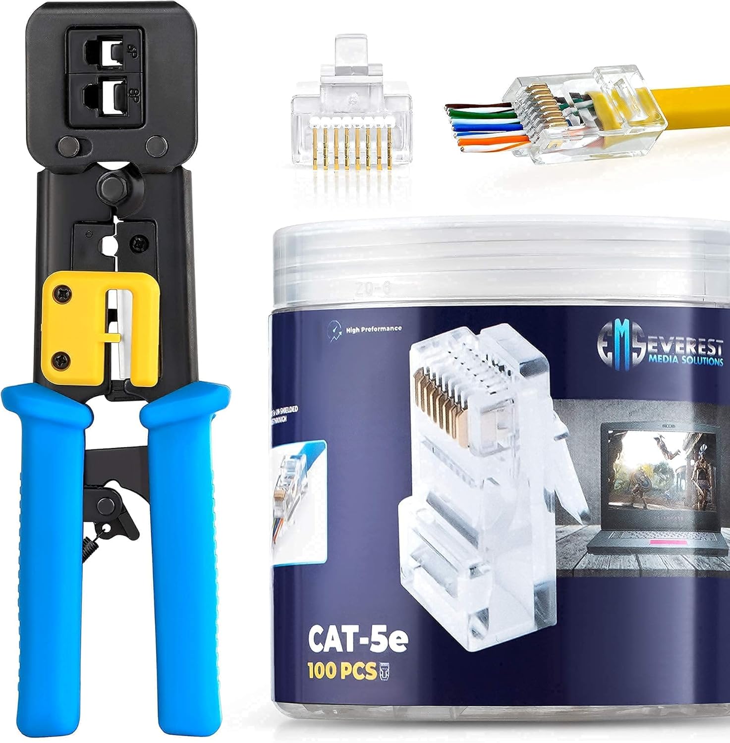 Bundle – 2 items: RJ45 Crimp Tool + 100 Pack of Cat5e Pass Through Connectors.