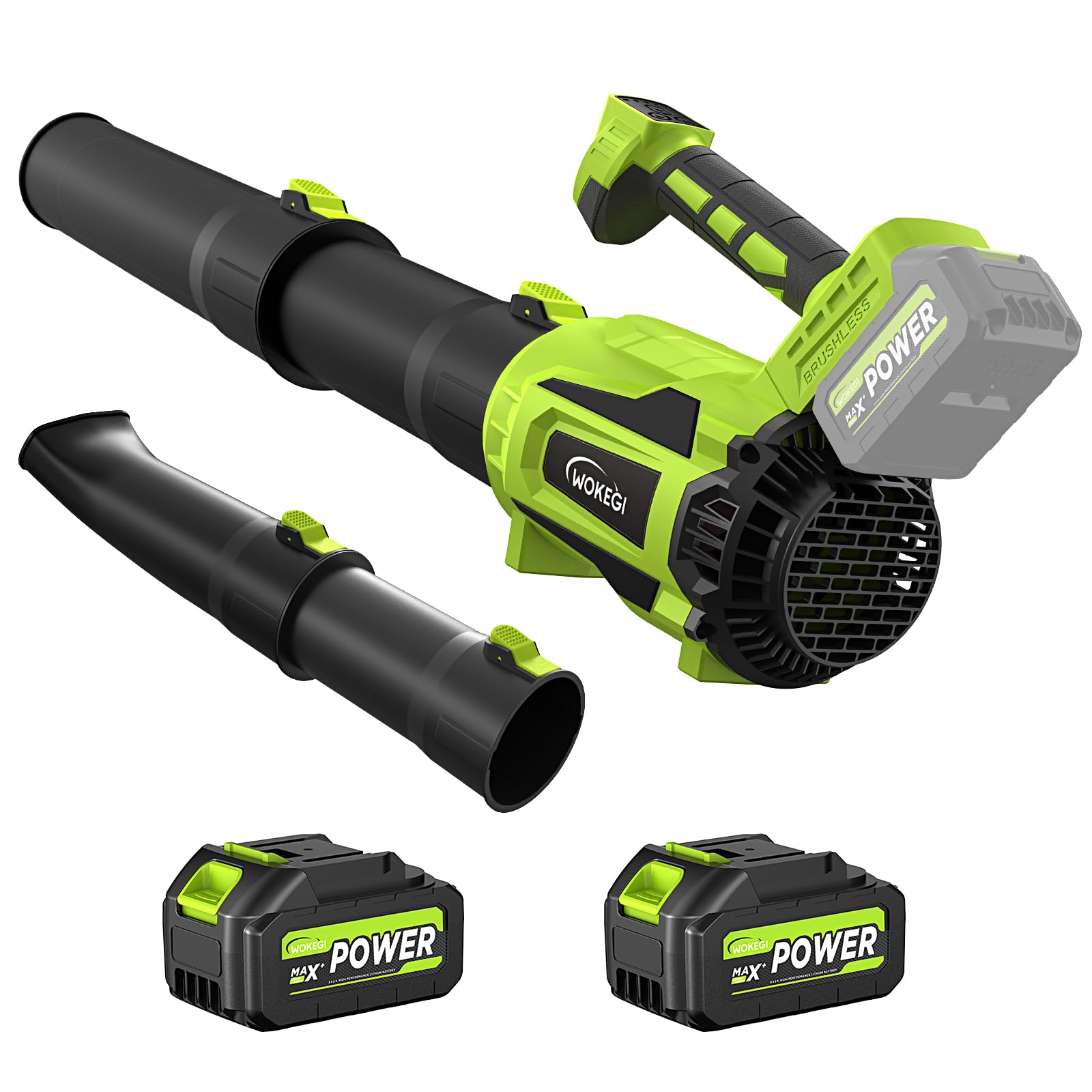 Leaf Blower Cordless, WOKEGI 21V 2 x 4.0Ah Batteries and Fast Charger, with 5-Speeds & Turbo Mode Electric Cordless Leaf Blower, Brushless,3 Tubes for Patio,Lawn,Yard,Garage,Blowing Leaves, Dust, Snow