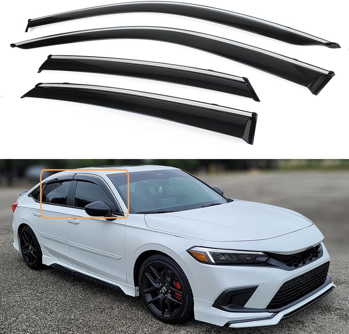 Fits for 2022-2026 Honda Civic 4 Door Sedan JDM Chrome Trim Smoke Tinted Window Visors Rain Guards Deflectors / 2023 2024 2025