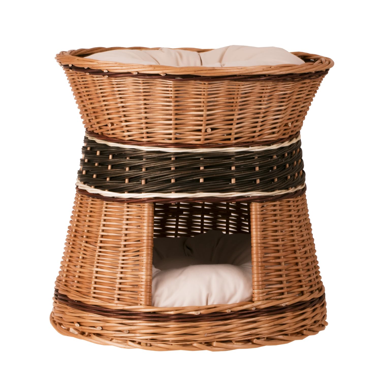 e-wicker24 Wicker Indoor Igloo Cat Bed Cave Double Cat Bed pet Cave Indoor Cat House with Bed on Top Cosy Cave Bed Cat Sofa Box Wicker Cat Basket with Soft Cushion Natural (48x48x43cm) (Rond, Beige)