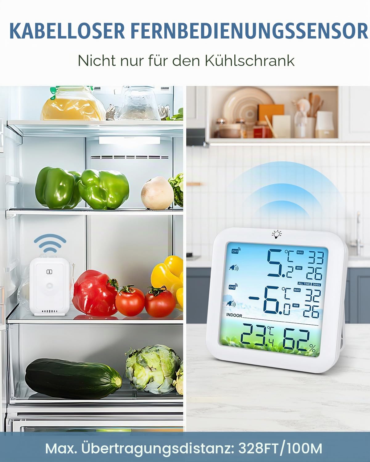 Digitale Kühlschrankthermometer,Temperaturalarm Farbbildschirm Anzeige mit 2 kabellosen Sensoren,℃/℉,MIN/MAX,Hausgebrauch Innen und Restaurant