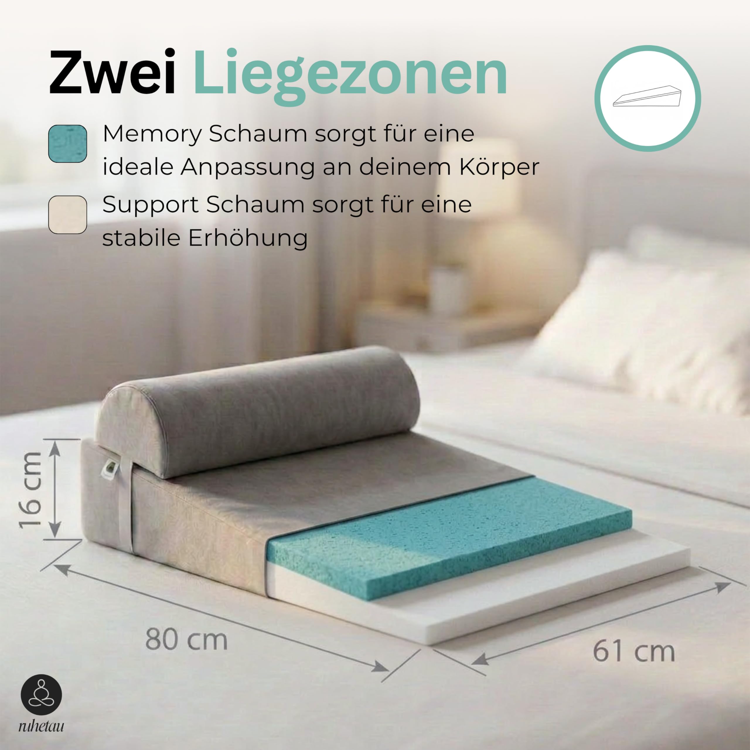 Keilkissen Bett mit Nackenrolle – Reflux Kissen Erwachsene gegen Sodbrennen & Schnarchen, Ergonomischer Matratzenkeil für erhöhte Schlafposition, besseren Schlaf & Rückenentlastung