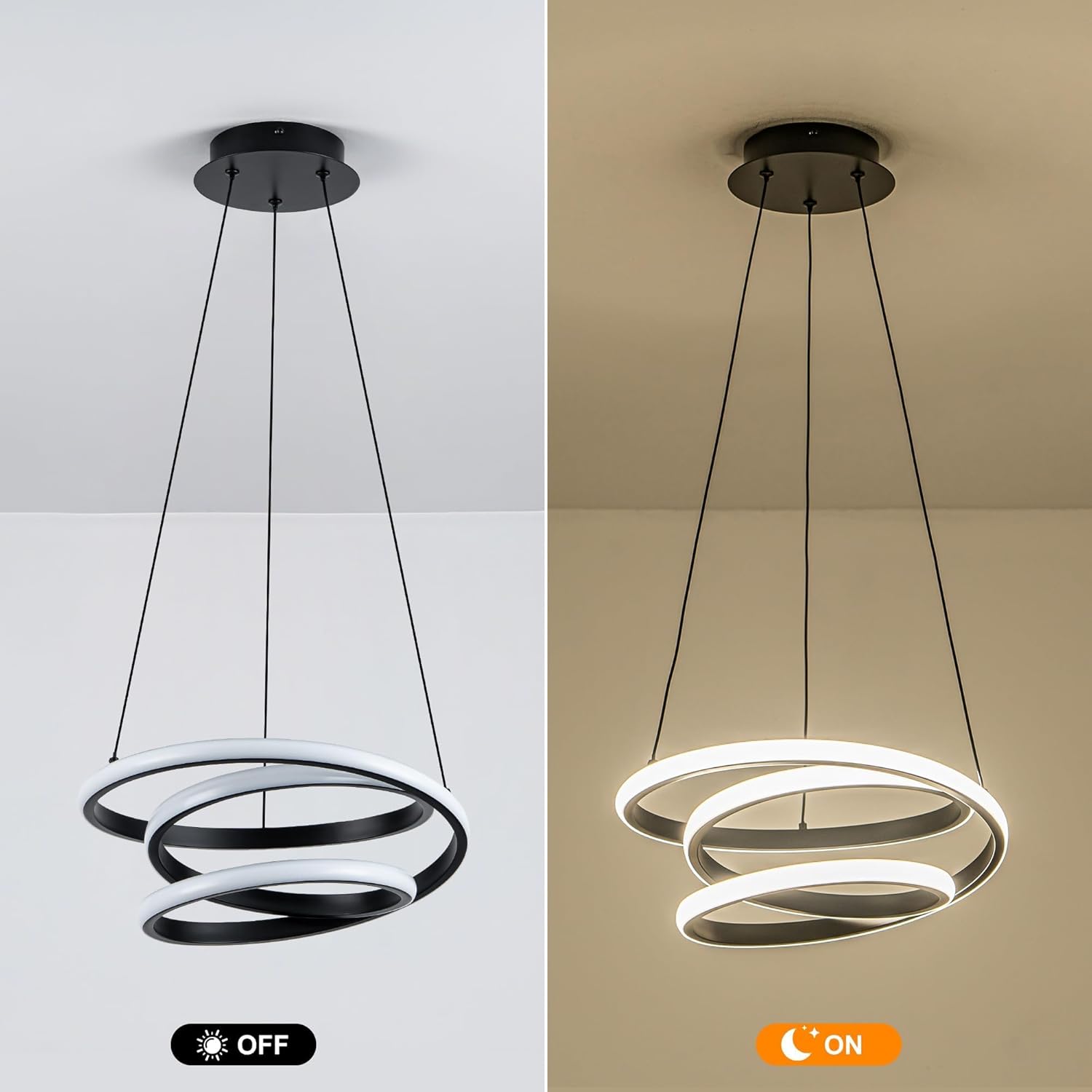 Mayful Modern Chandelier with Remote Control, 3-Color Dimmable LED Pendant Light Fixtures, Height Adjustable Kitchen Island Lighting for Dining Room,Bedroom,Living Room,Foyer,Office Black 13.78 inches