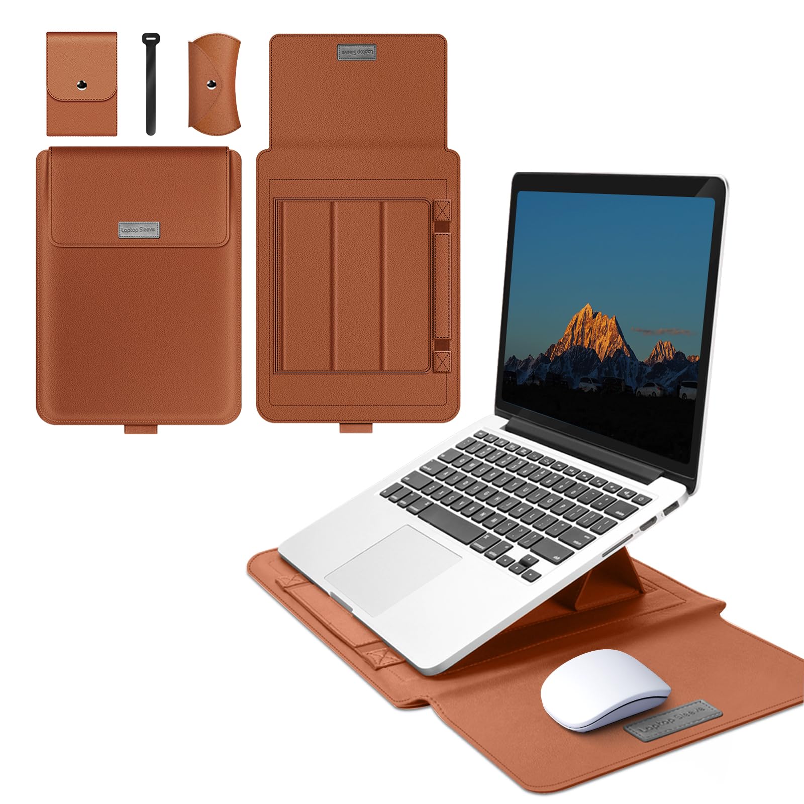 13-14 Pulgada Funda para Portátil Compatible con MacBook Air 13"/Pro 14" (M5 Pro MAX 2026/M4/M3/M2/M1), PU Funda Resistente Protectora Soporte Ratón Alfombrilla Cuero Portátil - Marrón