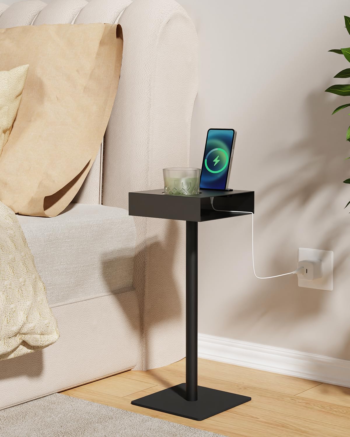 Yawinhe Set 2 Tavolino Laterale Moderno,Tavolino per Spazi Ridotti,Nero | Tavolo Compatto per Bevande;Tavolino Laterale Moderno da Divano con Slot per cellulari e bicchieri Per Camera da Letto