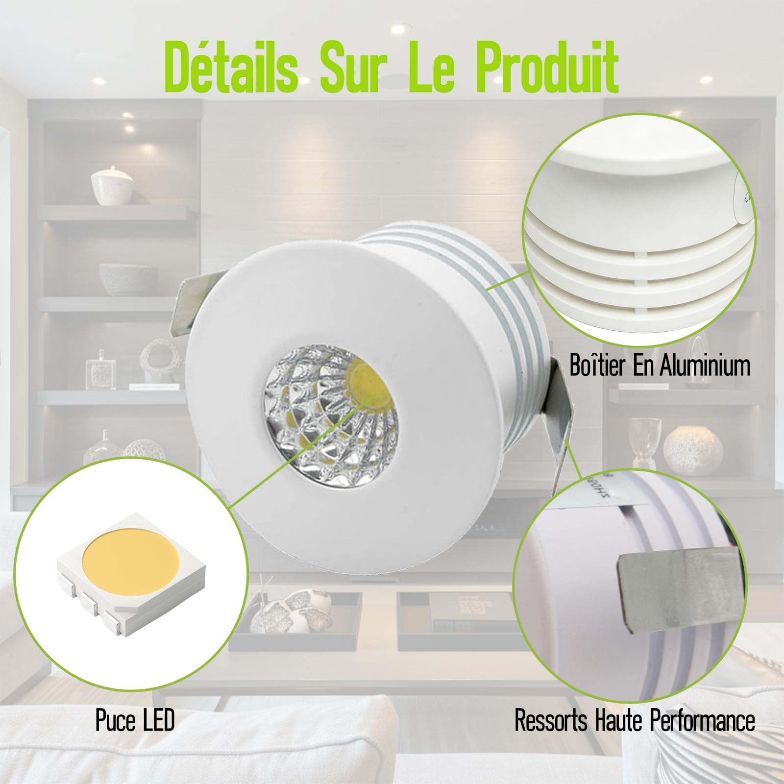 Mini Spots LED Encastrables 3W 210lm 3000K Ø40mm Blanc Chaud COB Aluminium Plafond