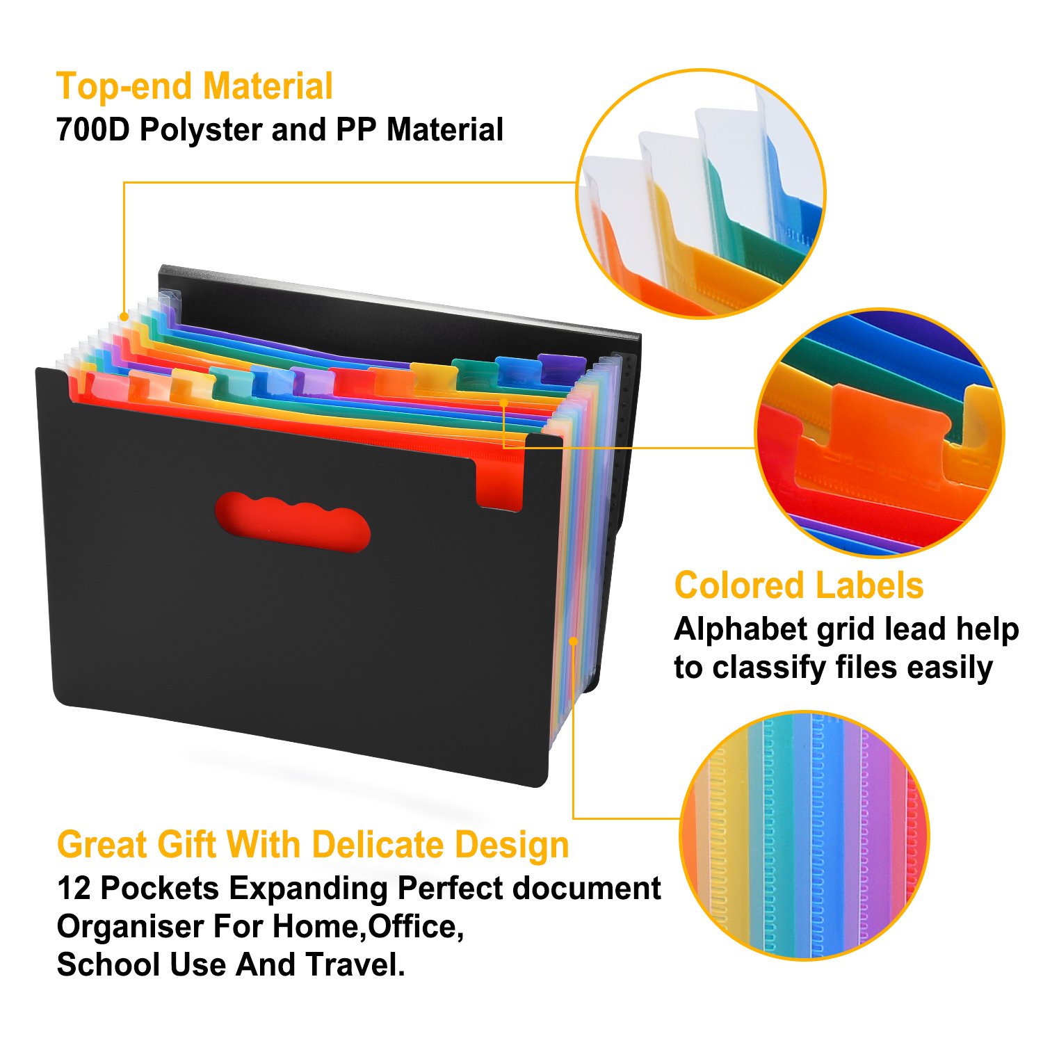 Trieur 12 Compartiments A4 Extensible Avec Élastiques - Porte-Documents Rainbow Noir - Organisation Bureau Et École