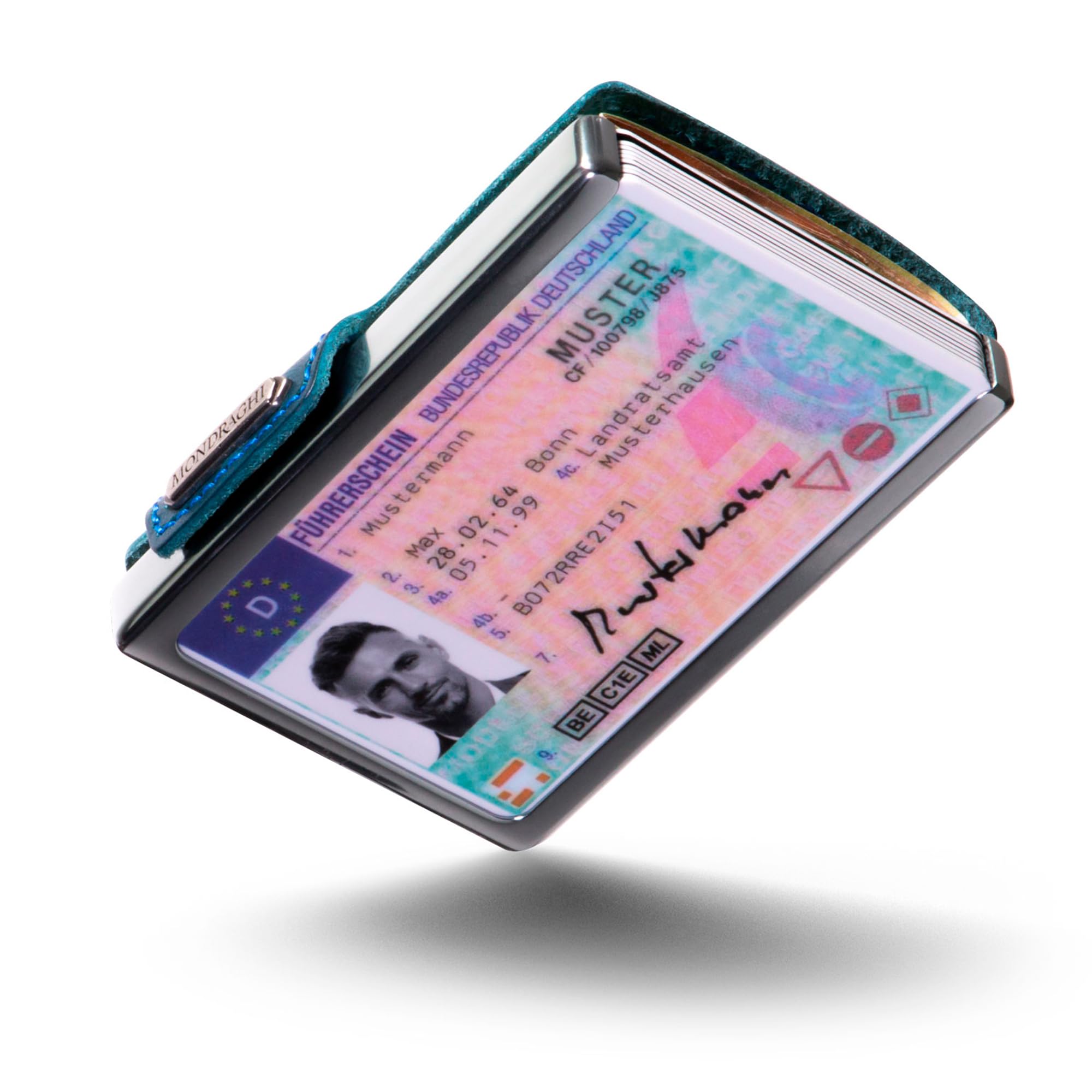 MONDRAGHI® Mini-Wallet. Ultraleichte Geldbörse mit Narbenleder. Kleiner Geldbeutel mit RFID-Schutz-Chip - Kartenetui mit Leichtmetallrahmen | Elegance Blu