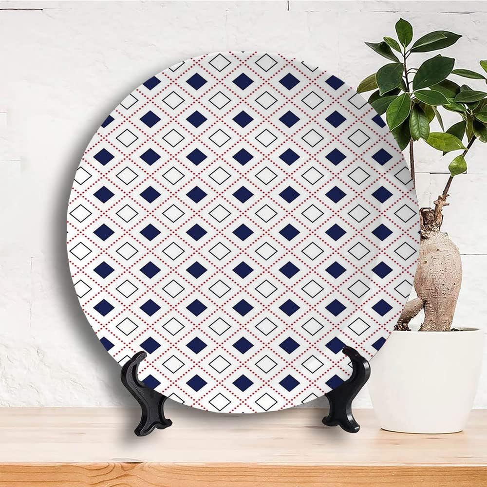 Ceramic Plates, Modern Decor Decorative Ceramic Plates, Geometrical Pattern with Square Shapes Dots Diamond, 8 Inch, Household Plates Decorative, Red Dark Blue and White