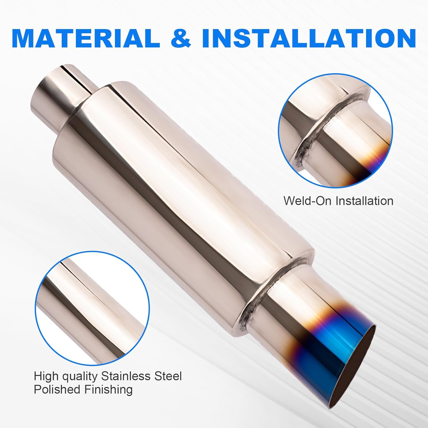 2.25 Inch Inlet 3.0 Inch Outlet Exhaust Muffler 2.25" to 3.0" Universal 15" Length Stainless Steel Polished Exhaust Tip Burnt Blue