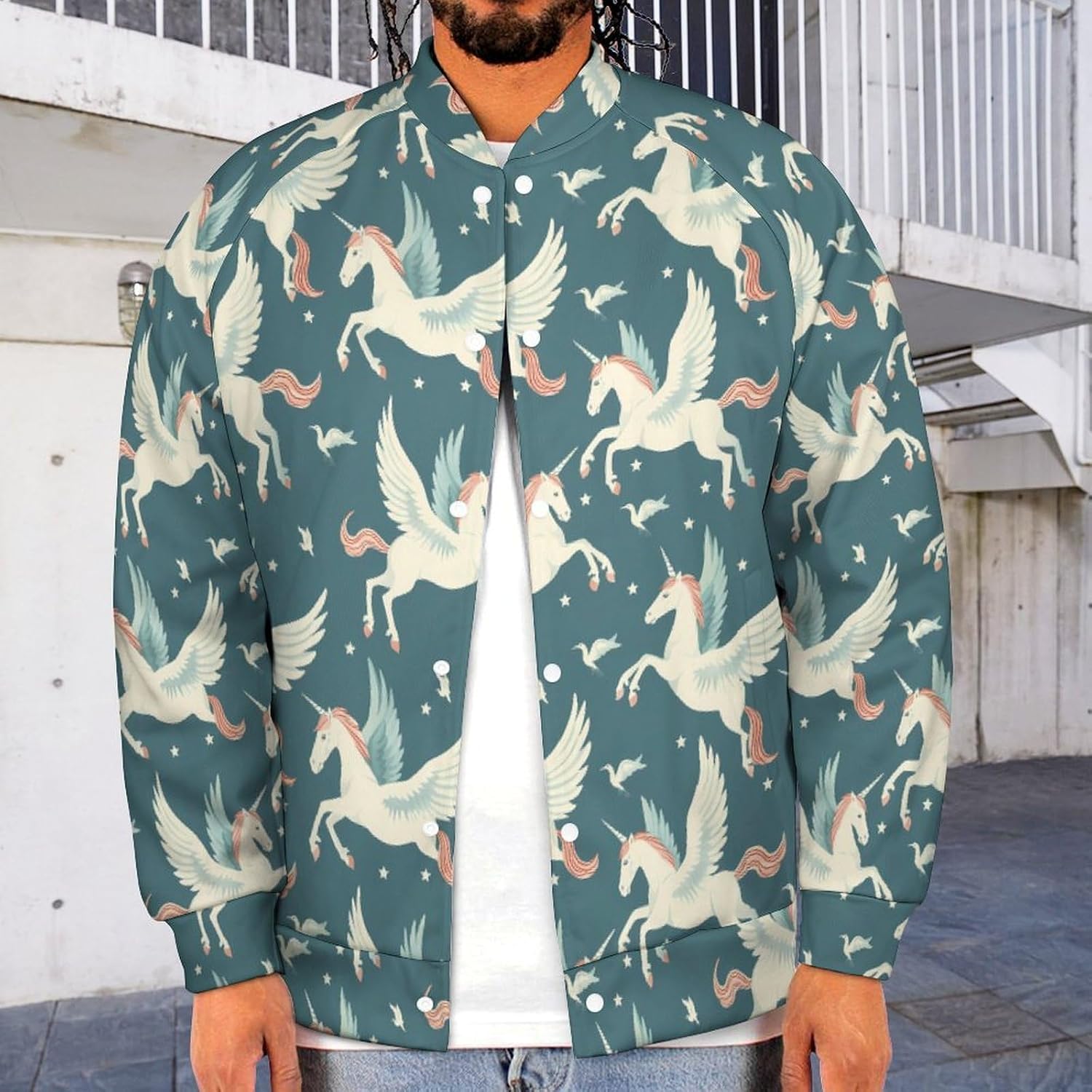 Flying Horse Novelty Men's Baseball Jackets Causal Sweatshirt Button Top Long Sleeve Coat