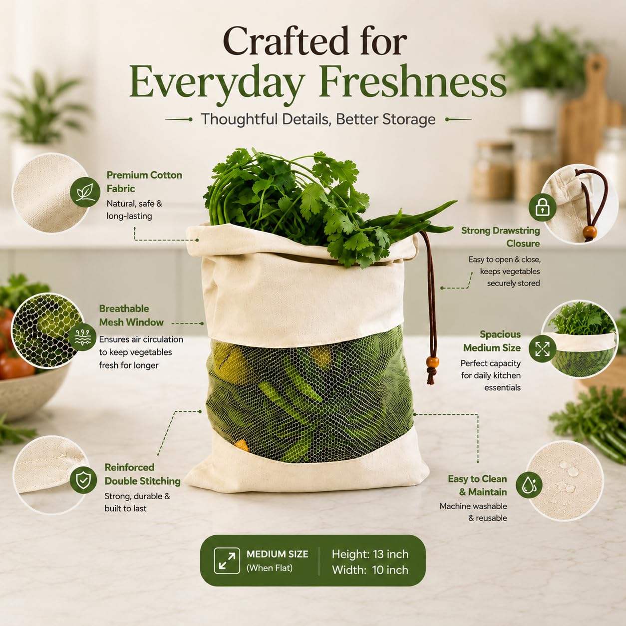 Organic Cotton Produce Bags - Reusable & Washable -4