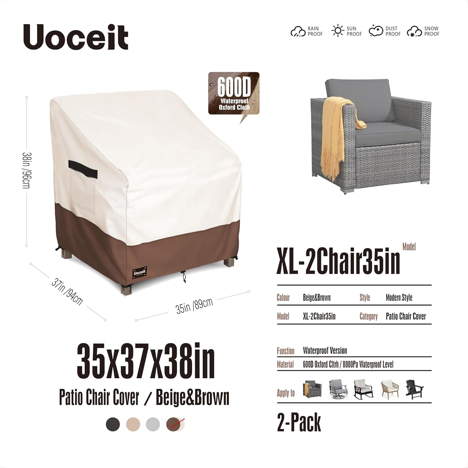 Outdoor Chair Covers 2 Pack,35Wx37Dx38H inches 100% Waterproof Heavy Duty Patio Furniture Cover ,Outdoor Furniture Covers Waterproof for Beige&Brown Modern Style Patio Chair Covers.