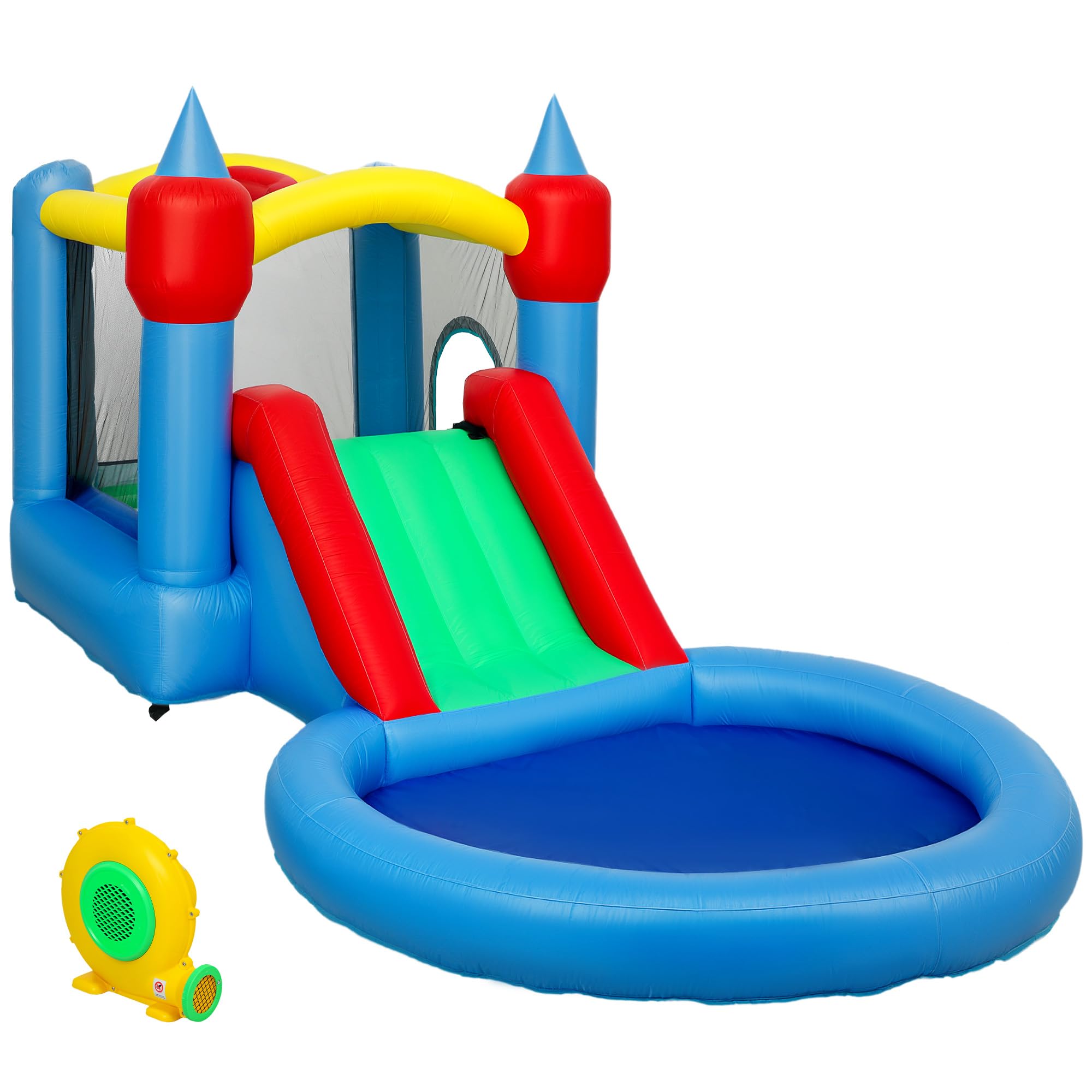 AIYAPLAY Castillo Hinchable con Soplador 4 en 1 Castillo Inflable para Niños con Tobogán Foso de Bolas Canasta y Bolsa de Transporte para Exterior Interior 415x205x190 cm