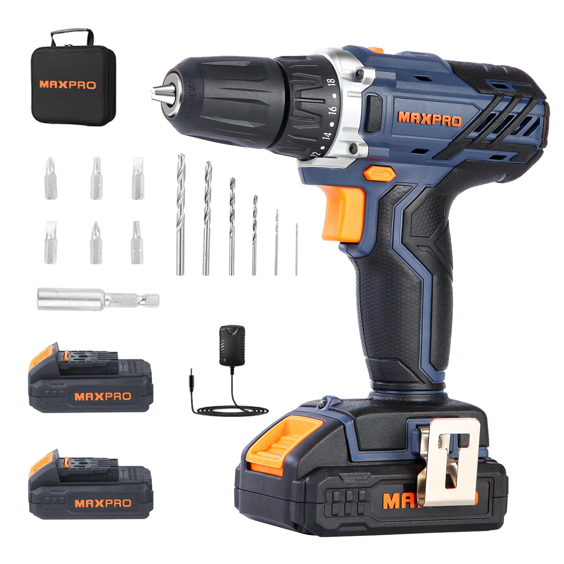 MAXPRO Perceuse Visseuse Sans Fil, Visseuse Devisseuse Sans Fil 18V avec 2 Batteries 1.5Ah, 2 Vitesses (0-350/1350 tr/min), 18+1 Réglages de Couple, Chargeur 1.5A, with LED Light