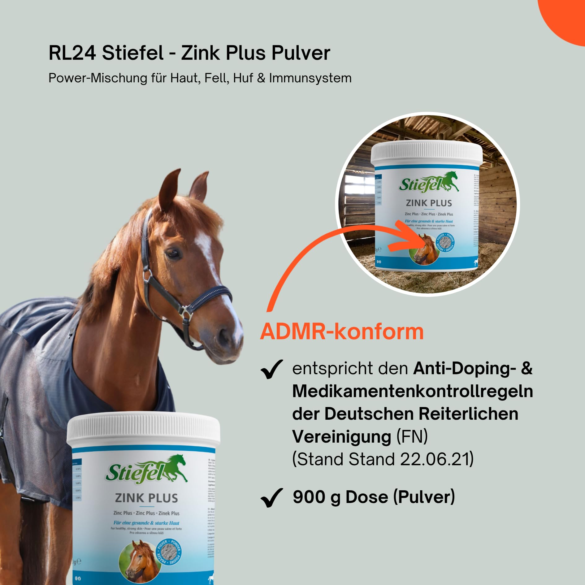 RL24 Stiefel - Zink Plus Pulver – 2 x 900 g Dose (2er Set) | Zink für Pferde für Haut, Fell, Huf & Immunsystem – Fellwechselhelfer mit Selen, Eisen, Kupfer & Mangan