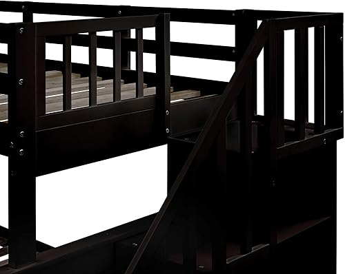 Miniatura 144 de Merax Litera de escalera individual sobre matrimonial con nido, escalera de almacenamiento y barandilla de longitud completa, litera de