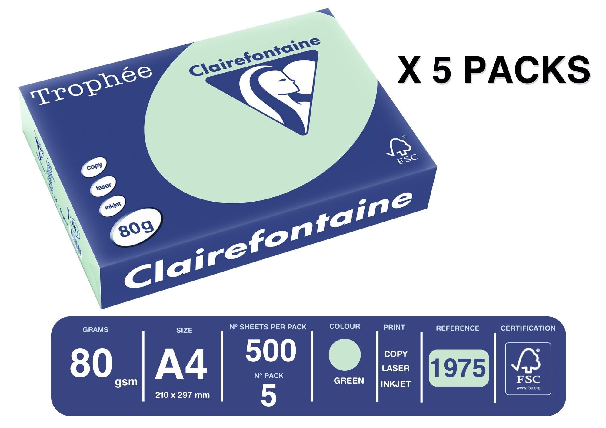 Clairefontaine - Réf. 1975C – 2500 feuilles de papier couleur au format A4 - Trophée 80 g/m² – Carton contenant 5 ramettes de 500 feuilles – Couleur vert