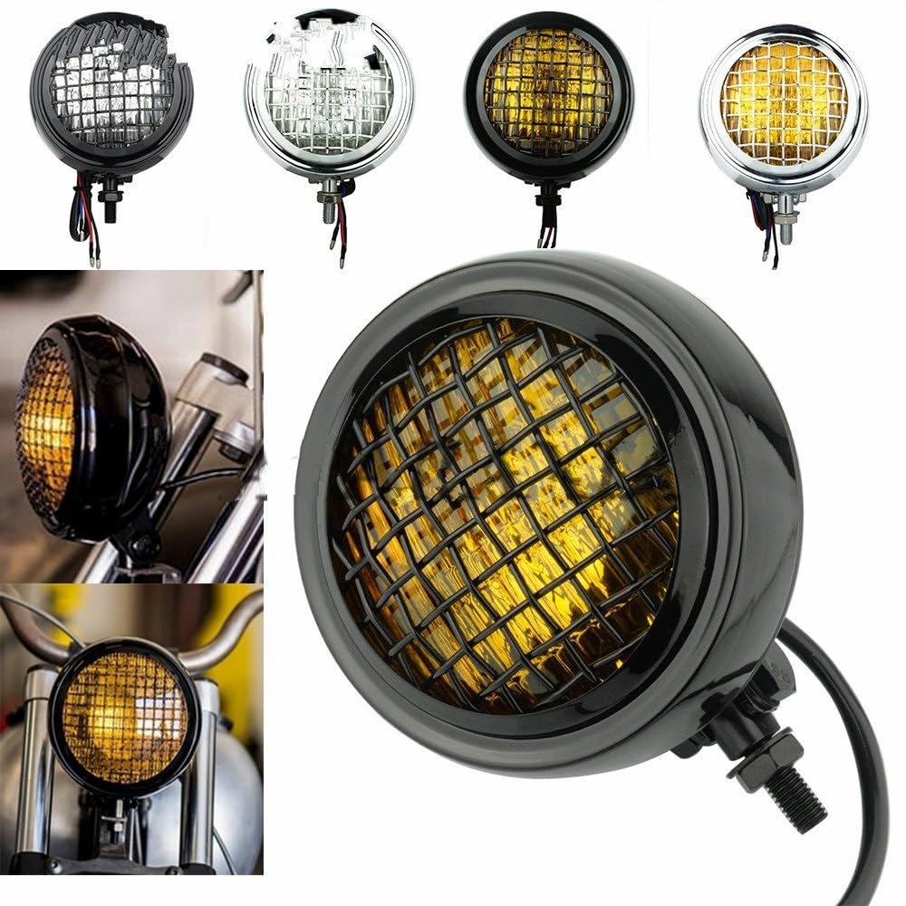 Światło Do Jazdy Pasuje do Harley Chopper 4.5 "reflektor uszczelniona lampa żarówka motocykl Cafe Racer lampa czołowa z osłoną grilla Dirt Bike Reflektor(Chrome Amber)