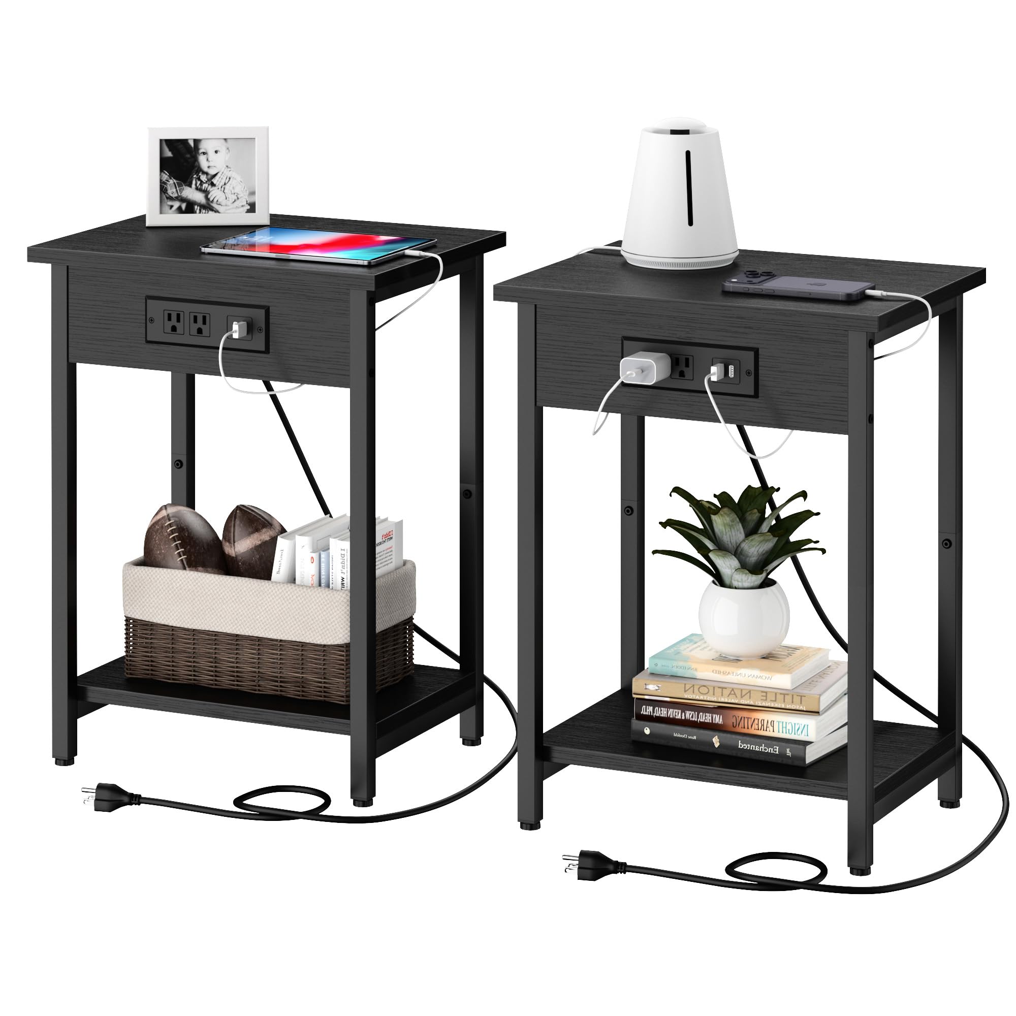 Bedside Table with Charging Station - Set of 2