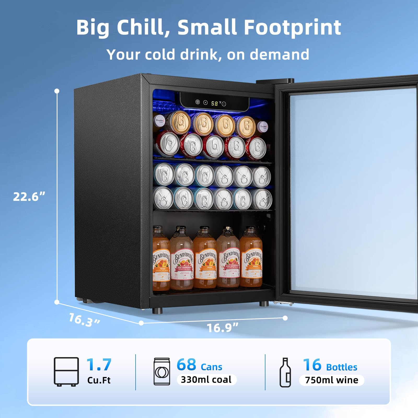 Antarctic Star 1.7 Cu.Ft Beverage Refrigerator 68 Can Or 16 Bottle Capacity With Seamless Glass Door, Digital Control & Quiet Compressor, Freestanding Mini Fridge For Bar, Kitchen, Office - Silver on Fridge.com - View 2