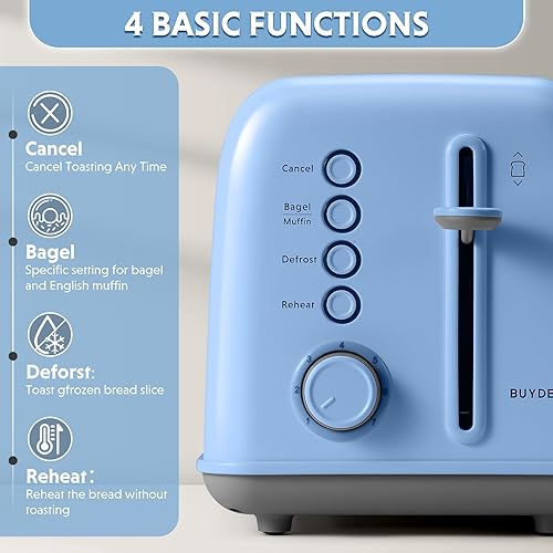 Miniatura 3 de BUYDEEM DT620 Tostadora de 2 rebanadas, ranuras extra anchas, acero inoxidable retro con palanca de elevación alta, función de bagel y muffin,