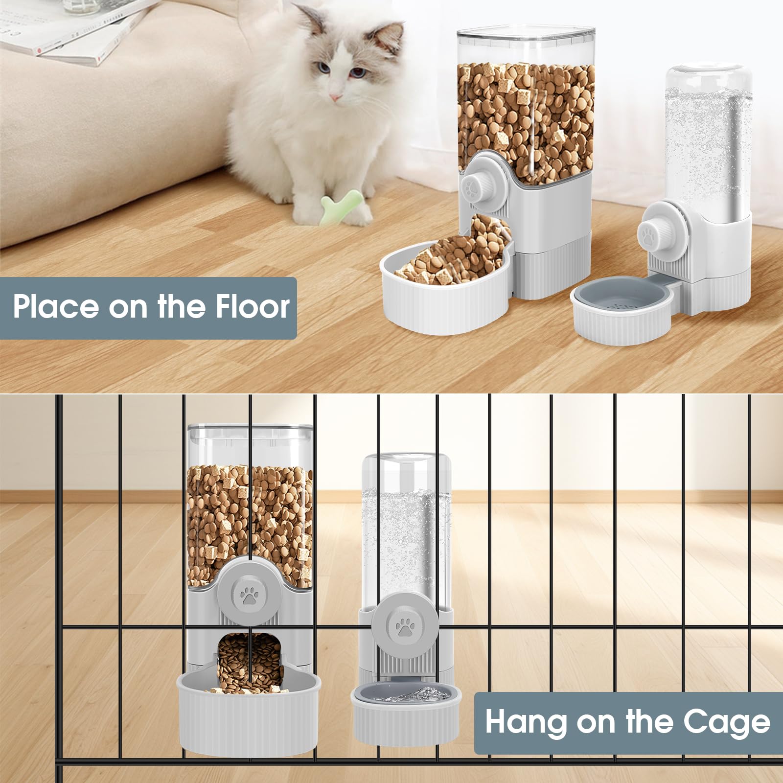 Yummy Sam Hanging Cage Automatic Small Pet Food Bowl Water Bottle Dispenser, Detachable Auto Gravity 1.2L Self-Feeding Feeder and 0.52L Waterer Set Kennel Feeding Station for Puppy Cats Rabbit(Grey)