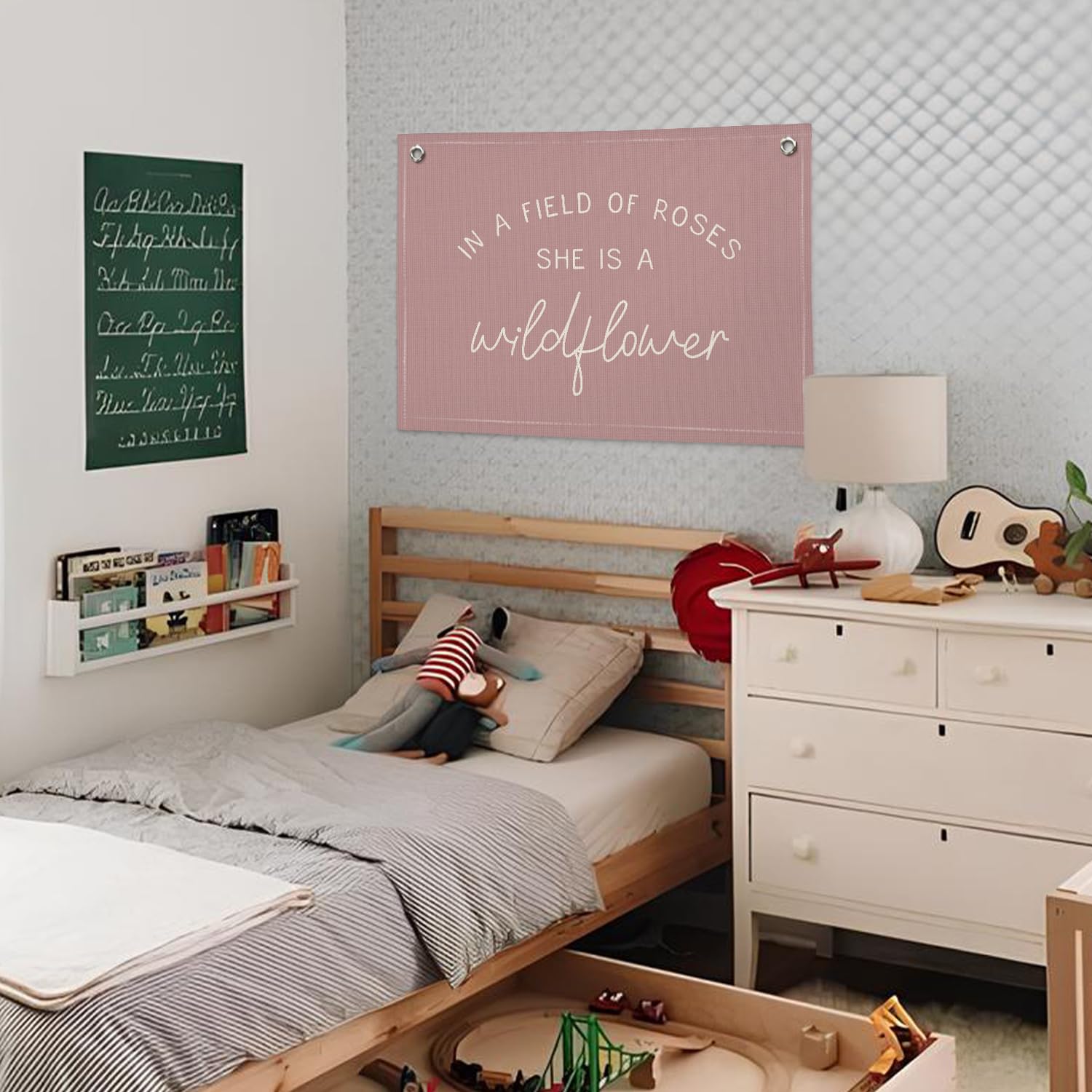 Wheatwin Wildflower Nursery Decor, Girls Room Decor - In a Field Full of Roses She Is a Wildflower Pink Linen Banner Flag for Little Girl Baby Girl