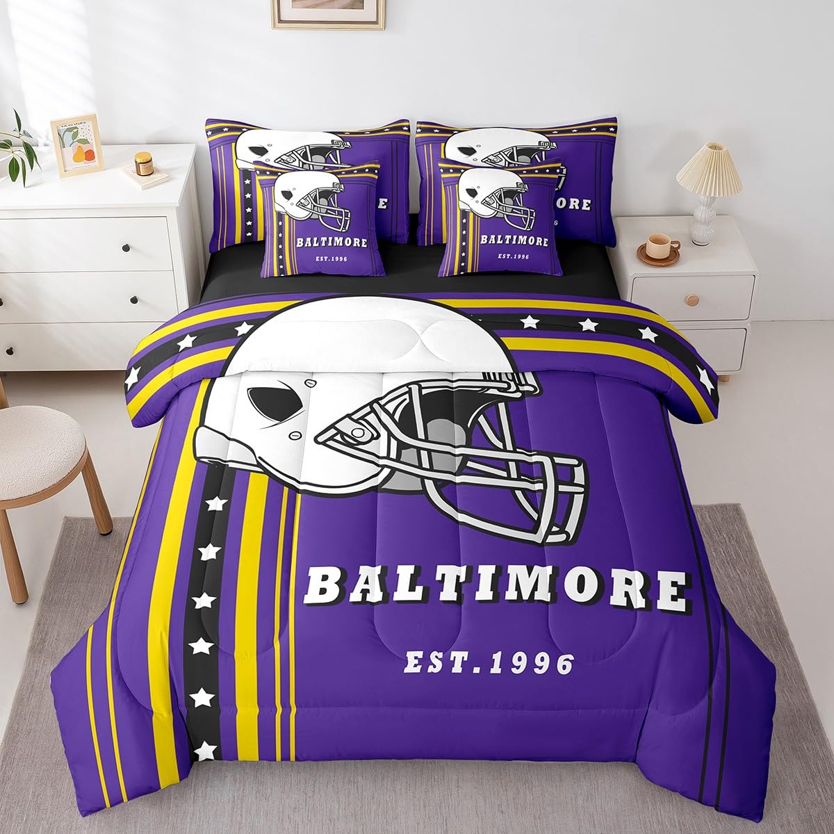 Erosebridal Football Comforter Set Full Size 7-Piece American Football City Bedding with Sheets, Rugby Game Sports Style Bedding Comforters & Sets Bed-in-a-Bag, Purple Yellow Black (Baltimore)