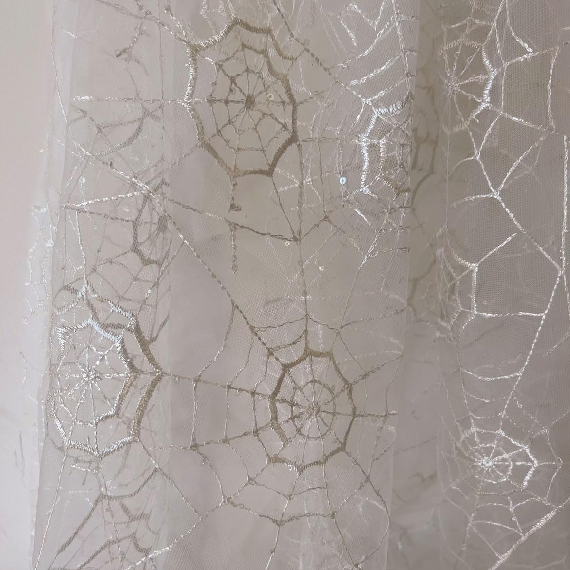 Spiderweb Lace Fabric by The Yard Halloween Cobweb Soft Black Tulle Fabric for DIY Dress Top Sew Party Decorative Overlays for Table,Halloween Decor (White, 1 Yard (35x51 in))