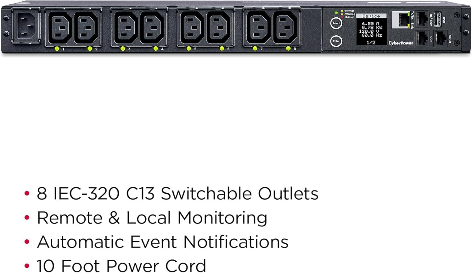 CyberPower PDU41004 Switched PDU, 100-240V/12A, (Derated to 12A UL /10A CE), 8 Outlets (C13), Input (C14) 10 ft. Cord, 1U Rackmount, 3 Year Warranty - Black