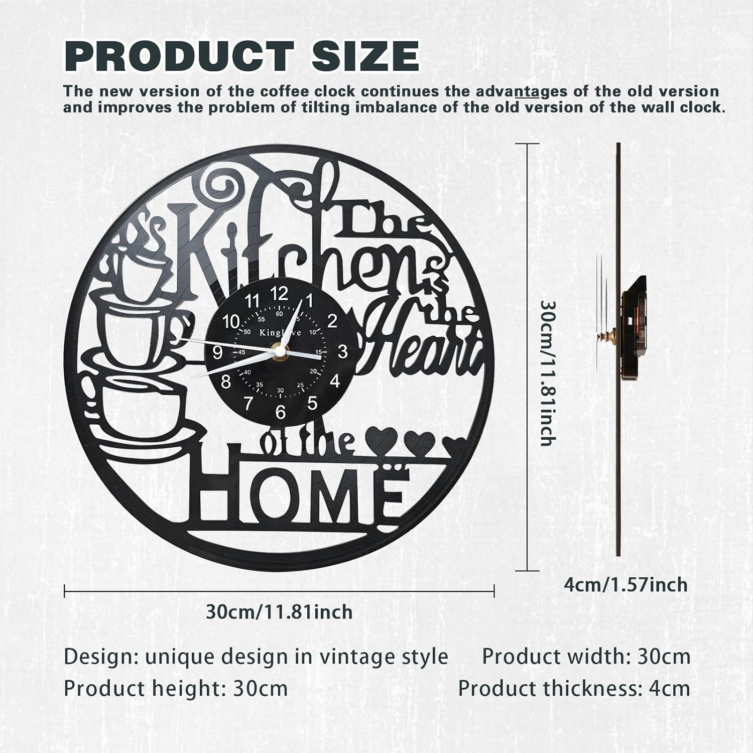 KingLive 12 Inch Kitchen Clocks Vinyl Record Clock, Creative Kitchen Home Decor, Coffee Wall Decor Theme for Restaurant Café, Gift for Women Wives(Black Coffee Cup)