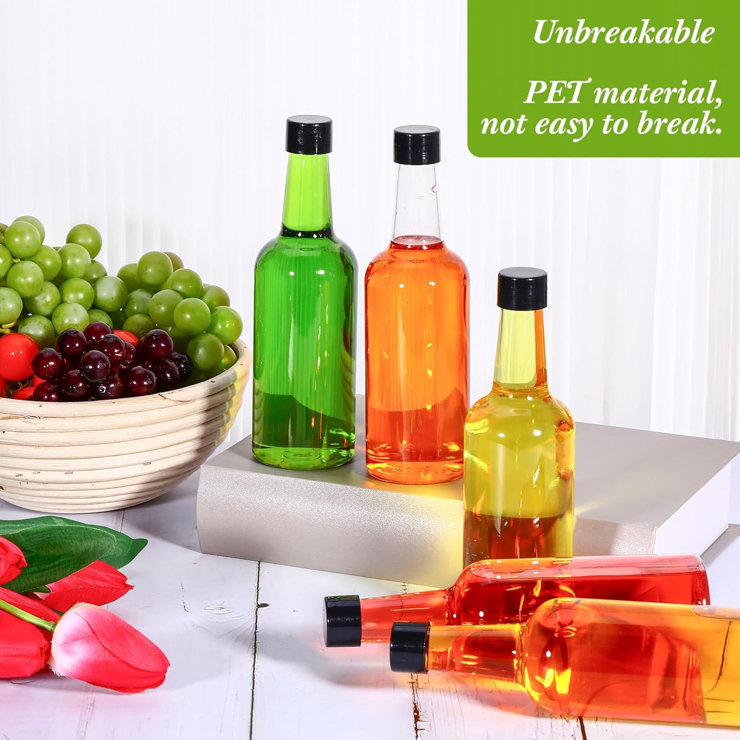 Patelai 24 Pcs Plastic Wine Bottles with Caps 11oz Long Neck Quart Plastic Bottles with Screw on Lids Empty Clear for Kitchen Home Bar Party Hold Liquor Drinks Wine Condiment Beverages