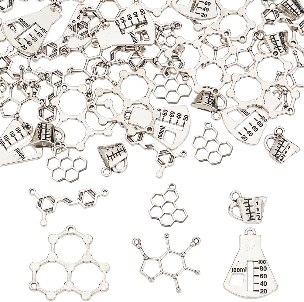 SUNNYCLUE 1 Box 60Pcs 6 Style Chemistry Charms Caffeine Molecule Charm Science Theme Charms Tibetan Style Alloy Charm Pendants for Jewelry Making Bracelet Earrings Biology