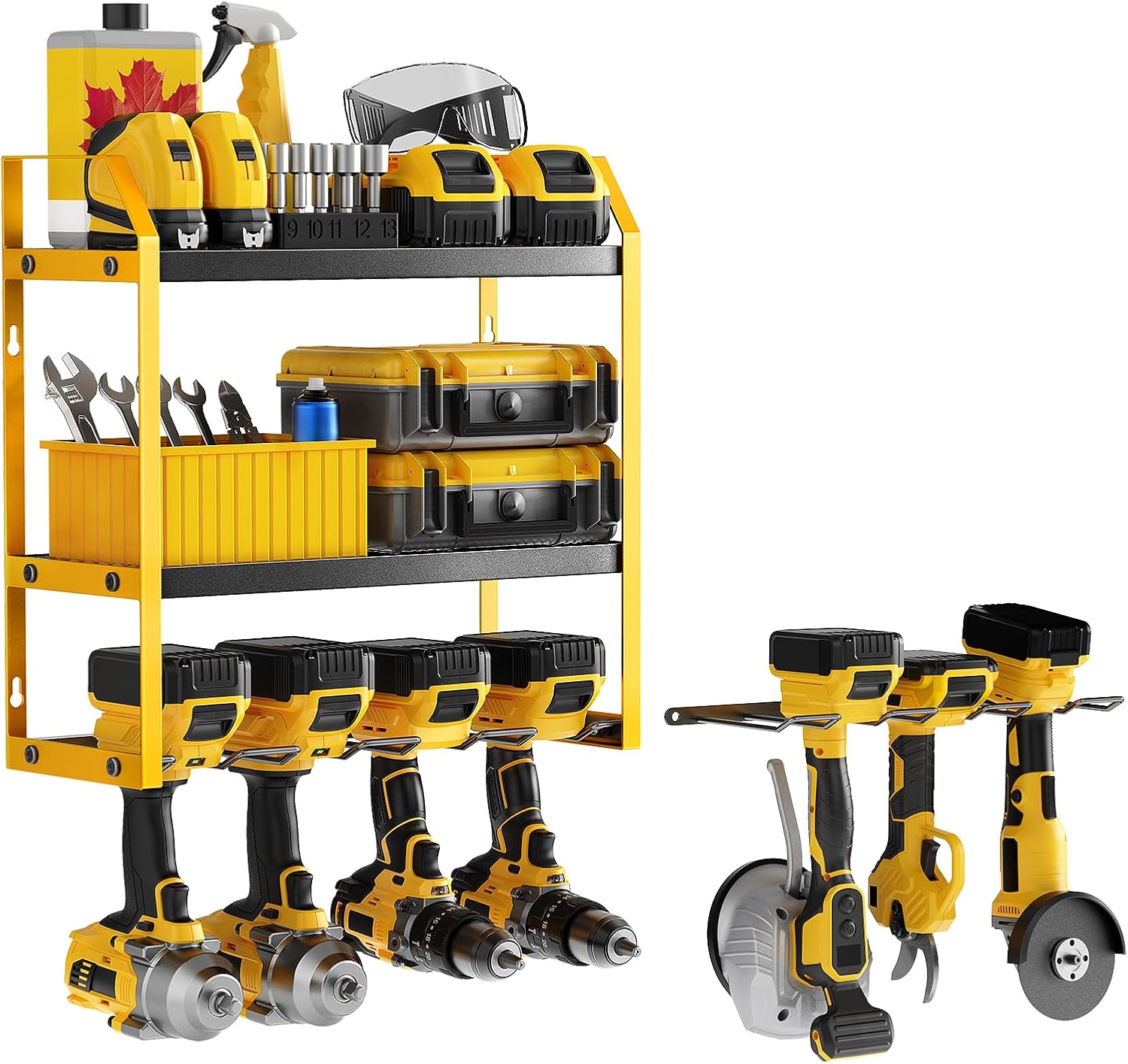 Power Tool Organizer Wall Mount with Extra Drill Holder, Yellow & Black Garage Storage Combo with Battery Storage, 4 Drill Slots Total, Heavy Duty Steel Tool Rack for Workshop Garage