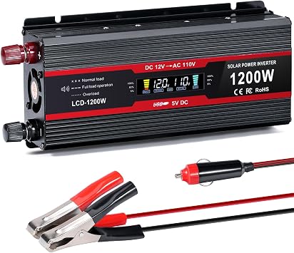 1200Watt Car Power Inverter 12V DC to 110V AC,1200W Inverter,Power Inverters for Vehicles with LCD Display and AC Outlets 2A USB Charging Port Black