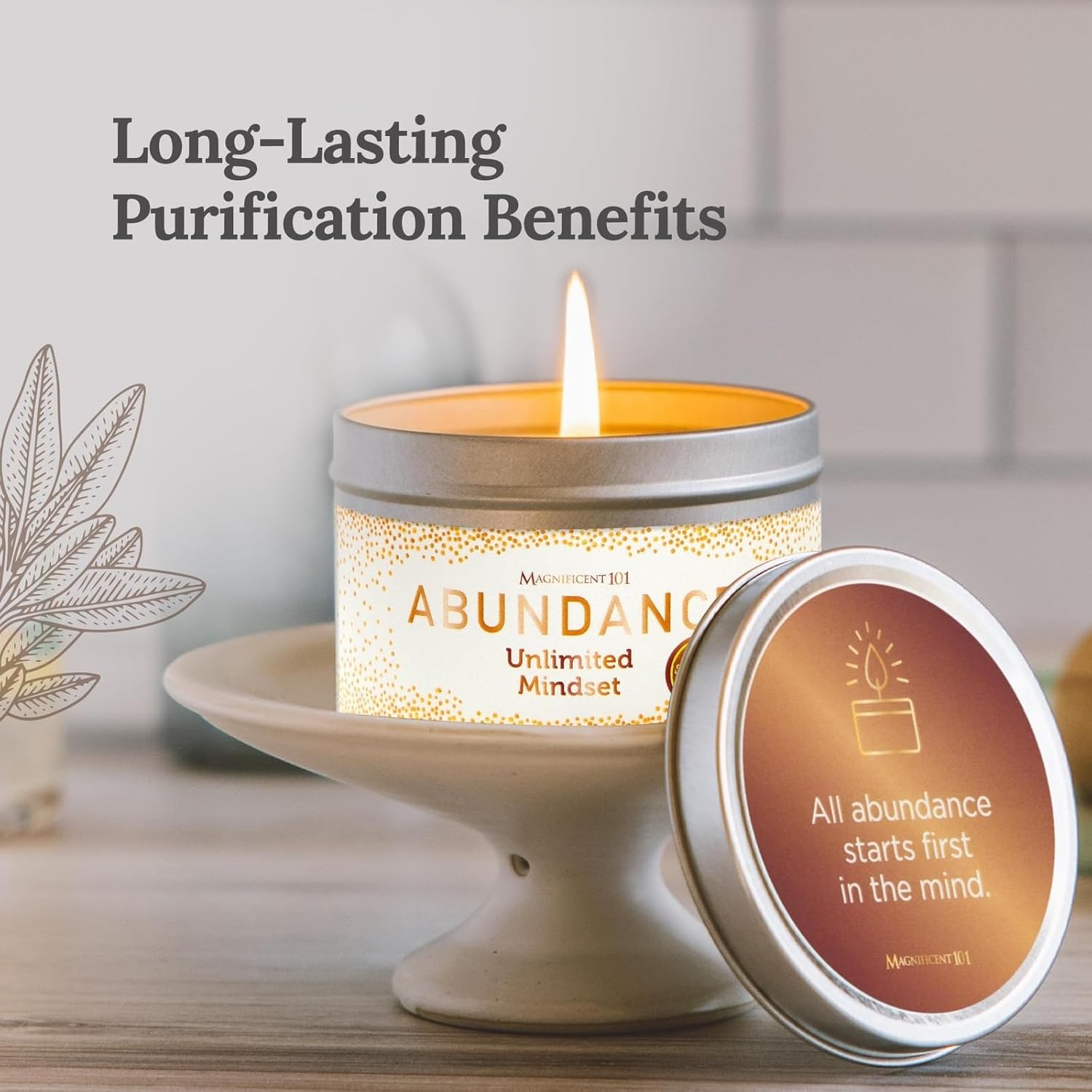 MAGNIFICENT 101 Abundance Manifestation Smudge Candle - 6 Oz Soy Wax - 35-Hour Burn - Infused with Lemon, Rosemary & Sandalwood - Money Candle for Energy Cleansing - Image 2