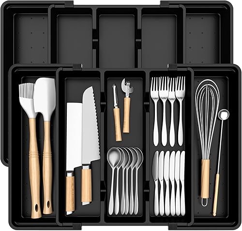 Miniatura 10 de Organizador grande de cubiertos, organizador de cajones de utensilios expandible para cajones de cocina, organizador de cajones de cocina para Negro