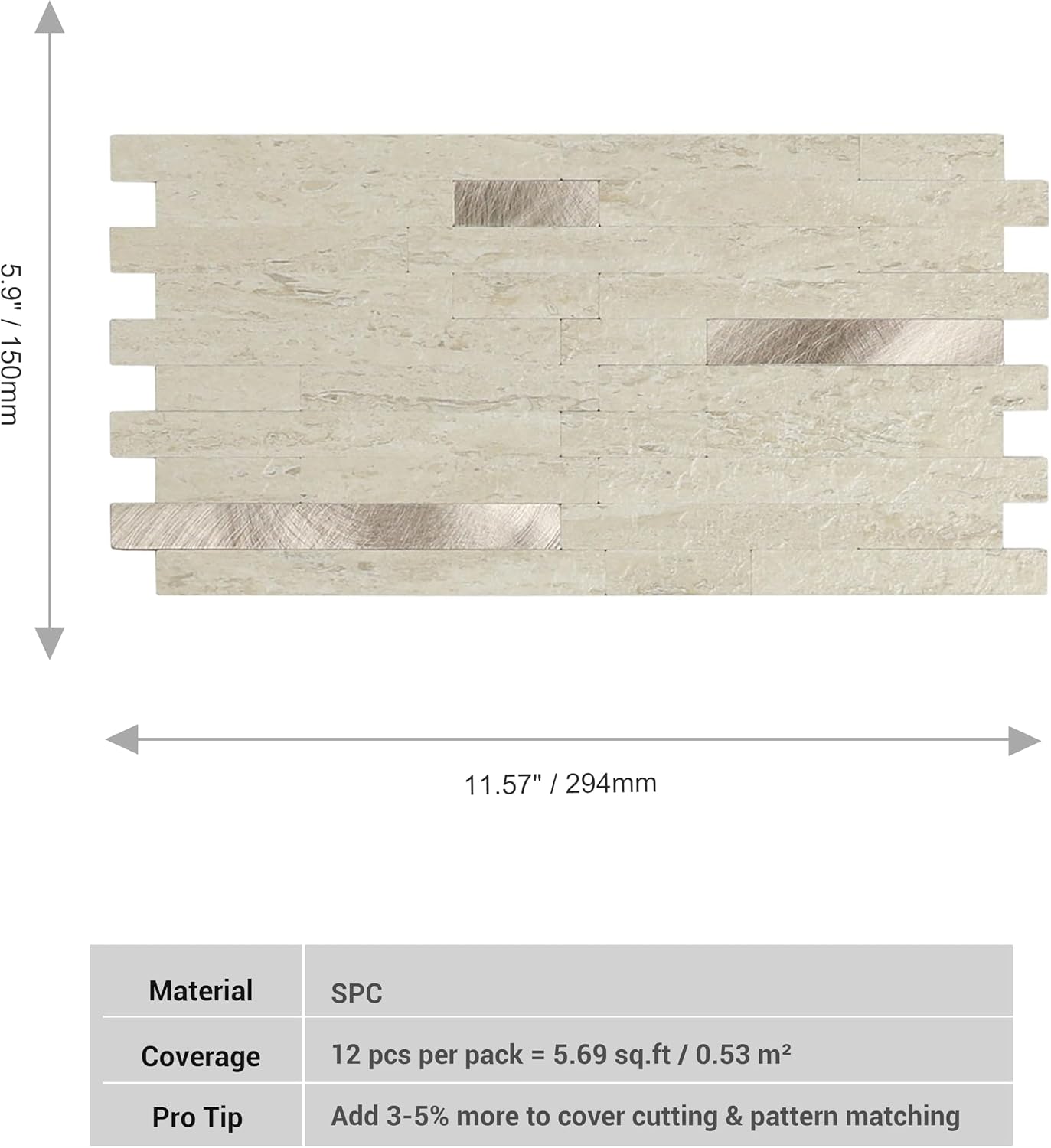 Beige Peel and Stick Backsplash Tiles, 12 Sheets Mixed Brushed Aluminum Wall Tiles, Realistic Stone Look Self Adhesive Tiles for Kitchen, Fireplace, RV (11.57" x 5.9", 5.69 sq.ft)