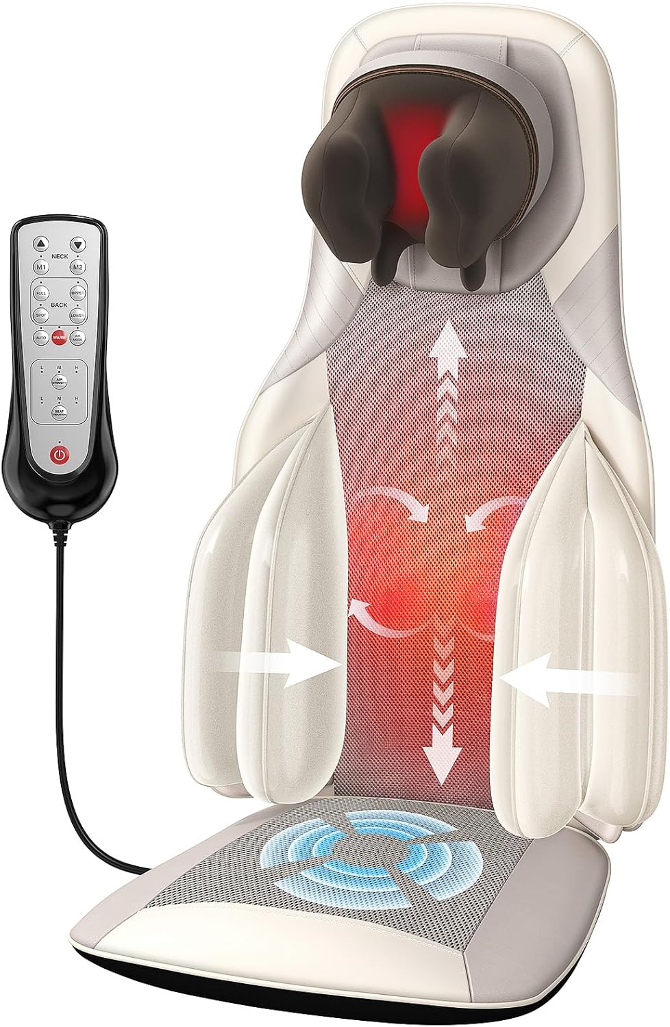 Elite Shiatsu Back & Neck Massage Chair Pad/Seat Cushion with Heat – 4D Kneading, Vibration, Compression, Motorized Neck Height, Lumbar Airbag Massage, Premium Upholstery, Deep Tissue, Office, Gray