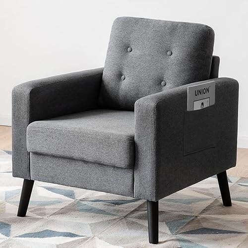 KOMFOTT Silla decorativa tapizada moderna, con botones y patas de madera de goma, sofá individual con bolsillos laterales, sillón decorativo de tela