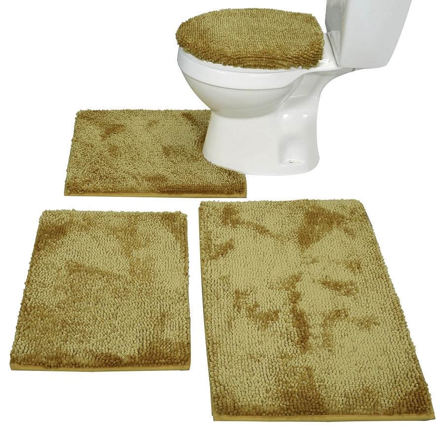 Madeals Chenille Bath Rug Sets 4 Piece with Toilet Lid Cover and Rug Set Combo, Soft Shaggy Bath Rug Set 3 Piece and U-Shaped Toilet Floor Rug Golden