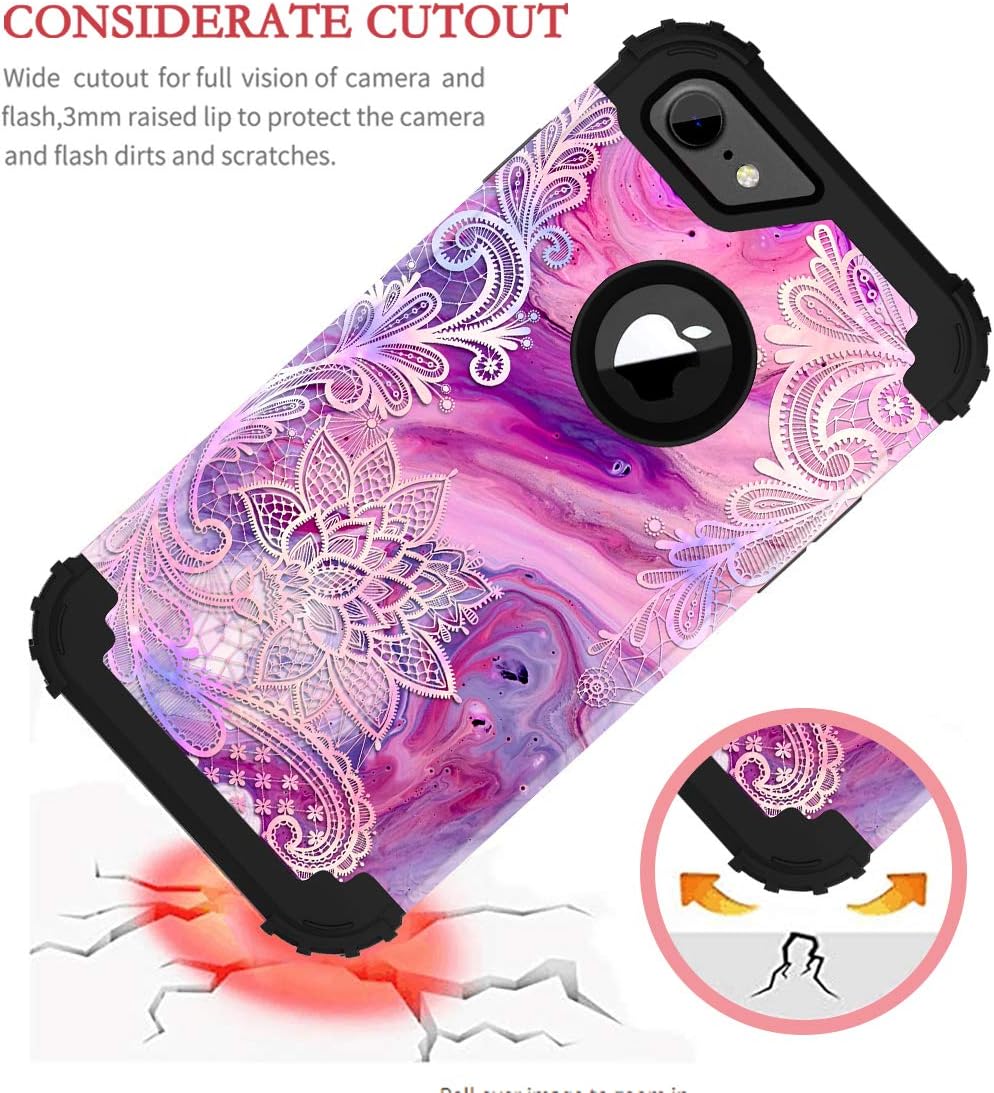 Hekodonk for iPhone 8/7 Case,Floral Heavy Duty Shockproof Protection Hard Plastic+Silicone Rubber Hybrid Protective Case for Apple iPhone 8 / iPhone 7 Marble Lace