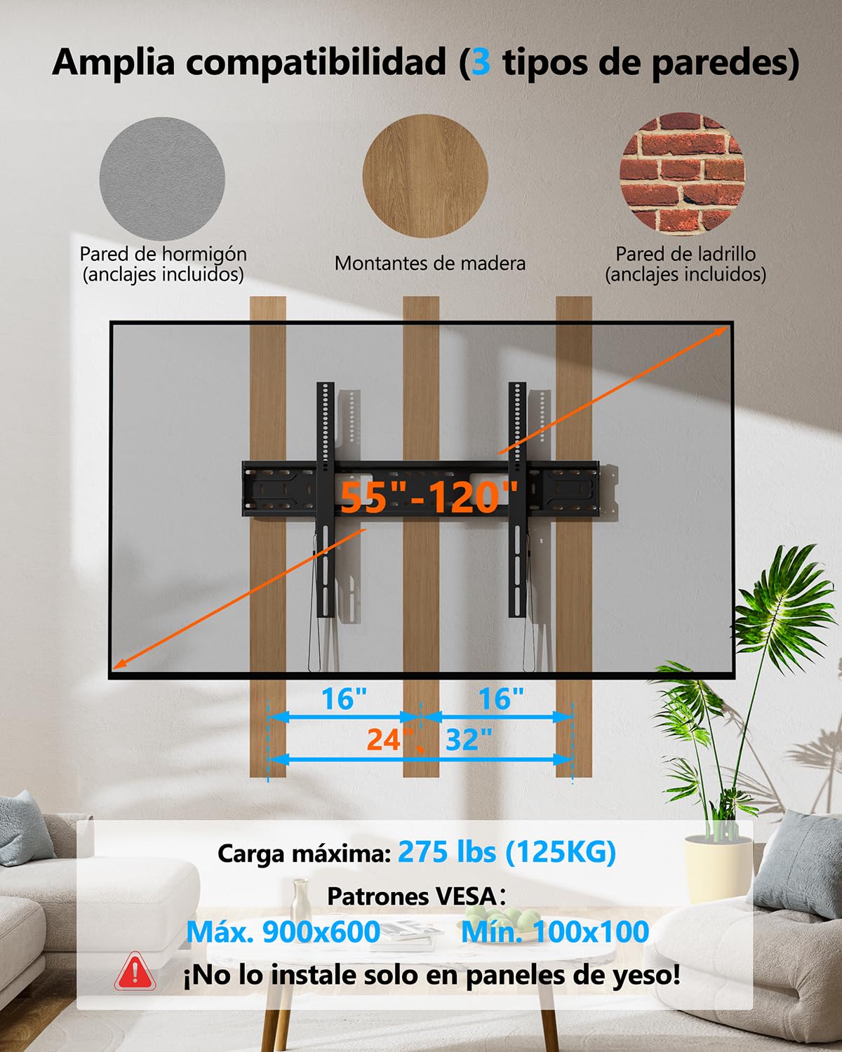 Soporte TV Pared Fijo Plano Ultra Delgado para 55-120 Pulgadas | Alta Resistencia Soporte TV Pared Capacidad hasta 125 kg para Televisores LED LCD Planos y Curvos, MAX VESA 900x600 mm